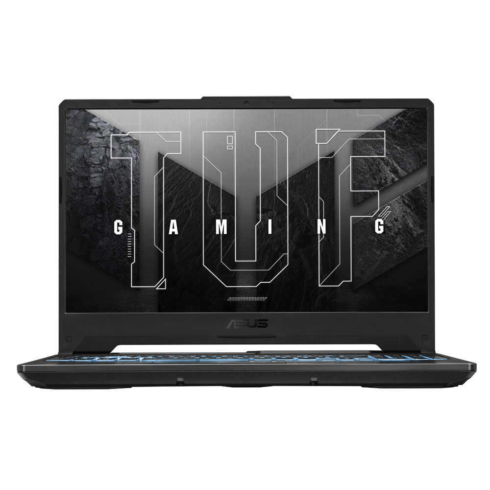 Schwarzer ASUS TUF Laptop, geöffnet, Tastatur sichtbar, beleuchteter Bildschirm.