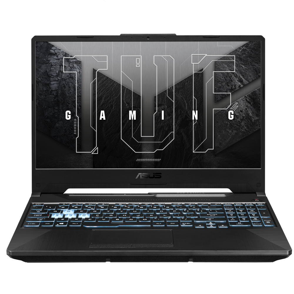 Schwarzer Gaming-Laptop mit beleuchteter Tastatur und Logo auf dem Bildschirm.