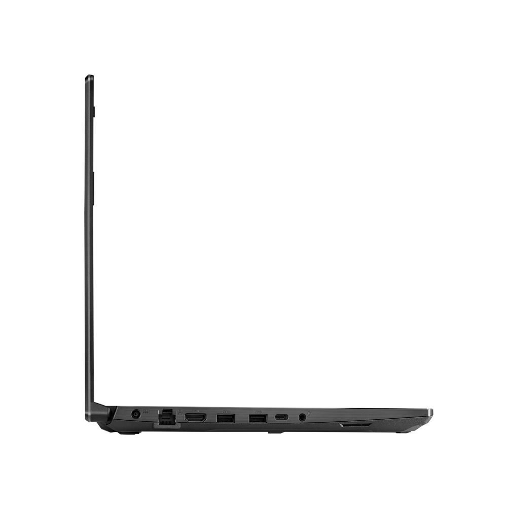 Seitenansicht eines schwarzen Laptops mit Anschlüssen.