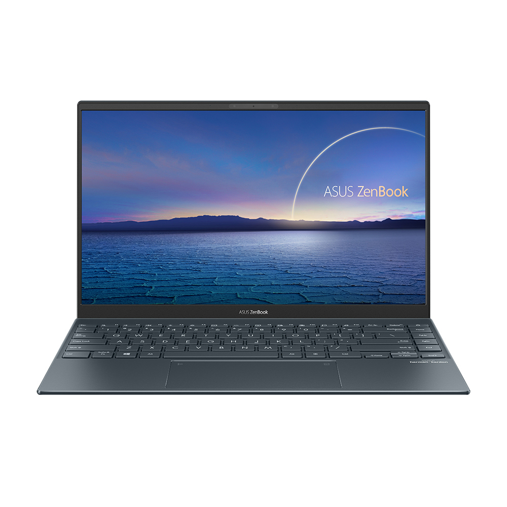 Laptop mit Bildschirm, der eine blaue Landschaft zeigt, ASUS Zenbook-Logo.