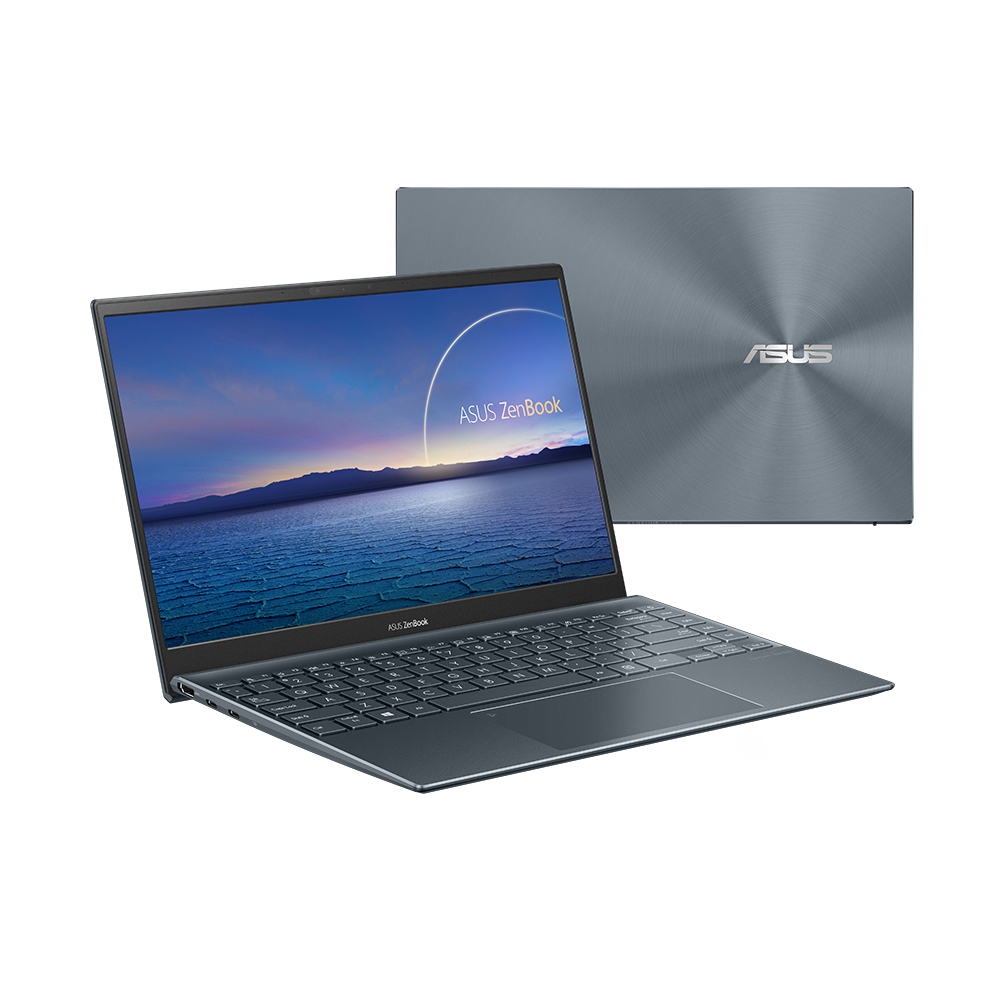 Ein grauer Laptop mit silbernem Deckel. Er ist geöffnet und zeigt einen Bildschirm.
