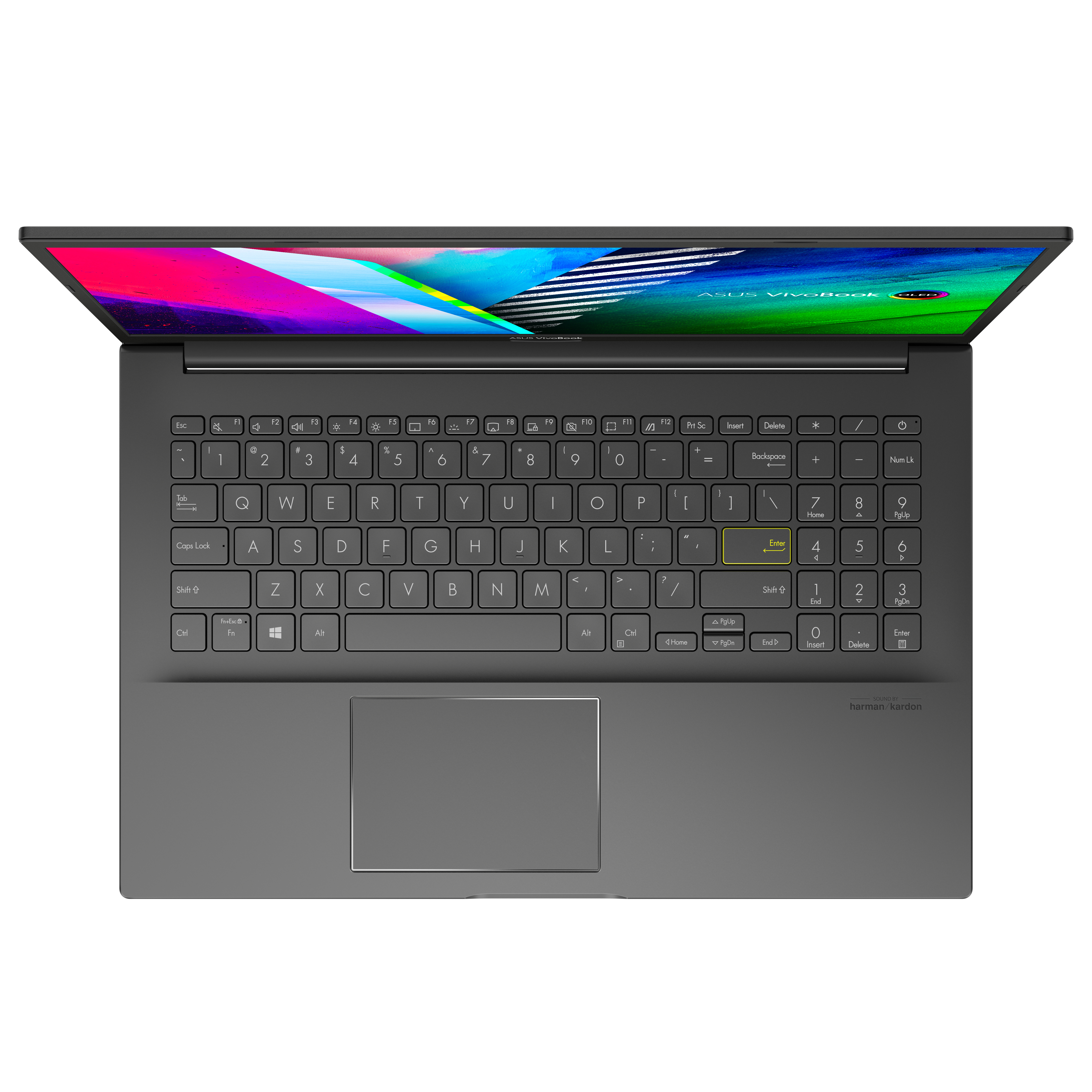 Laptop, Draufsicht. Graues Gehäuse, geöffneter Bildschirm mit farbenfroher Anzeige. Tastatur sichtbar.