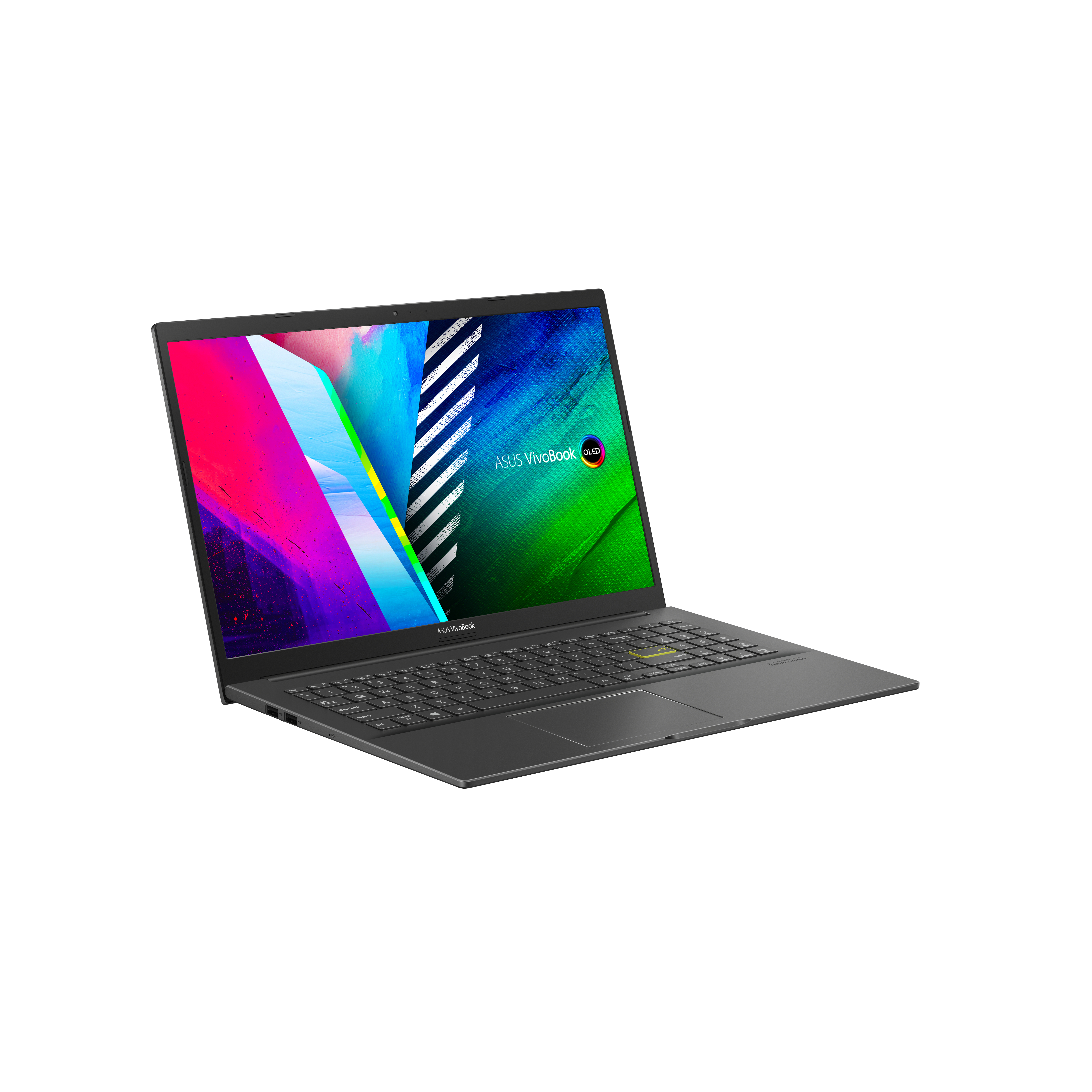 Ein geöffnetes ASUS Vivobook-Laptop. Der Bildschirm zeigt ein farbenfrohes abstraktes Bild. Der Laptop ist schwarz.
