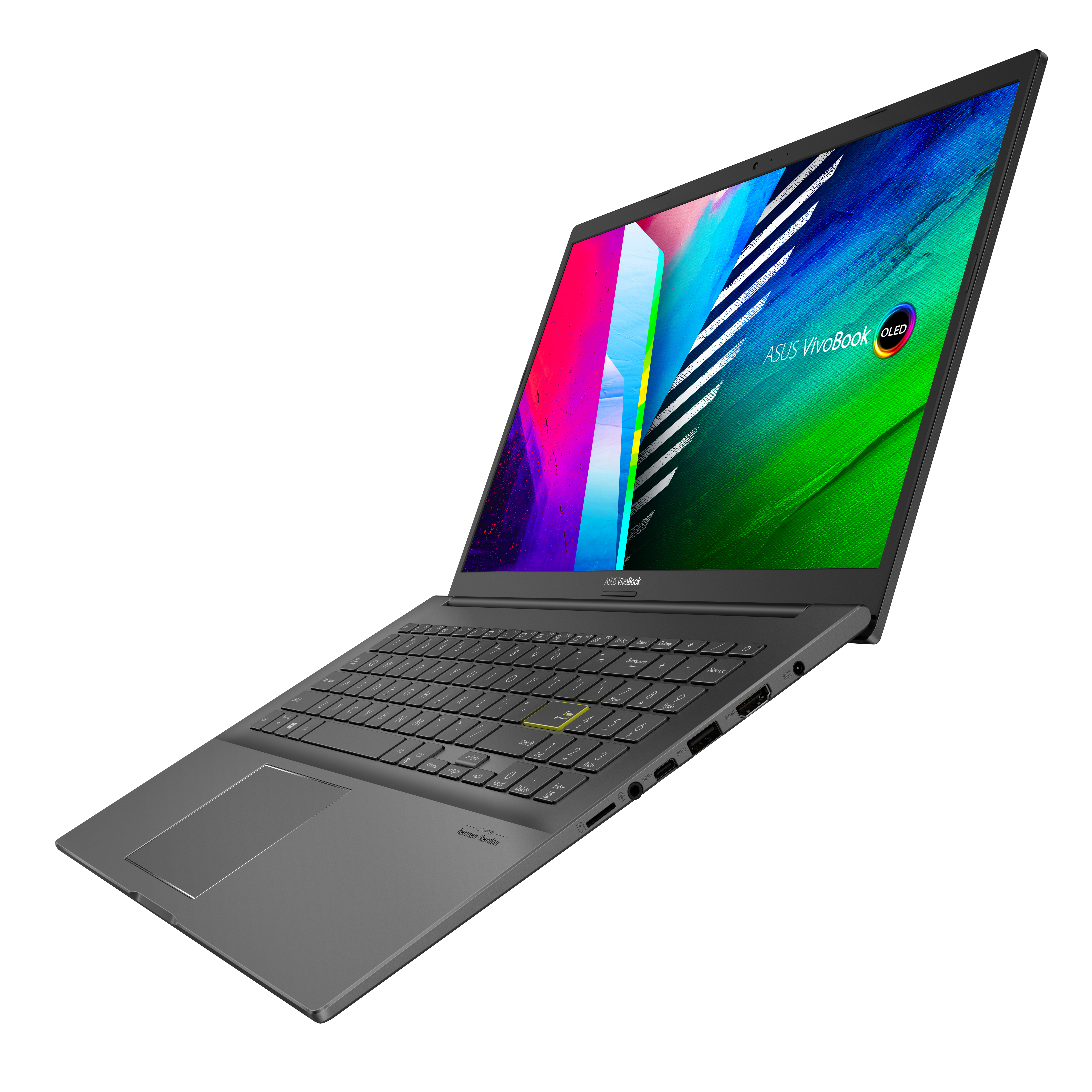 ASUS Vivobook OLED Laptop, offen, angewinkelt, Bildschirm zeigend.