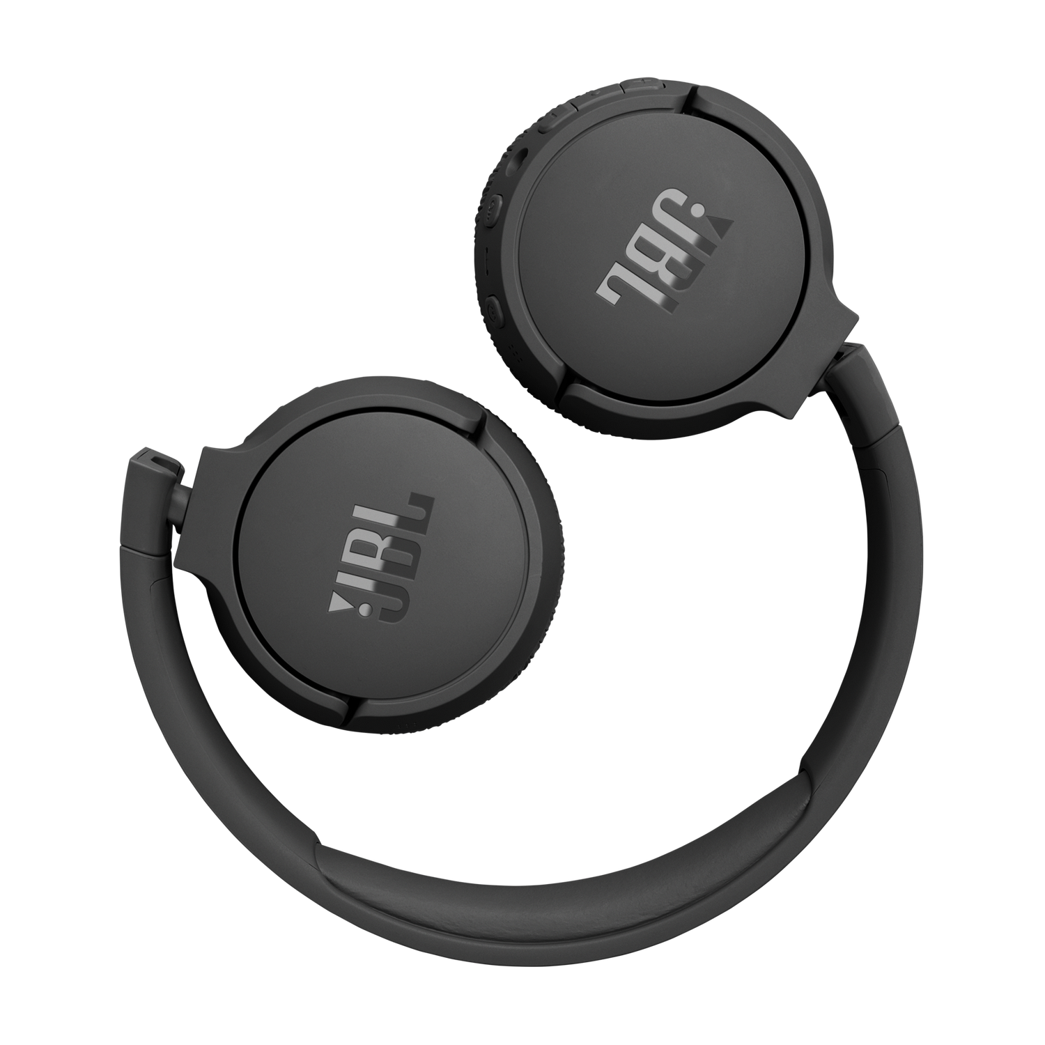 Black JBL headphones folded. The ear cups are circular with 'JBL' printed on them.