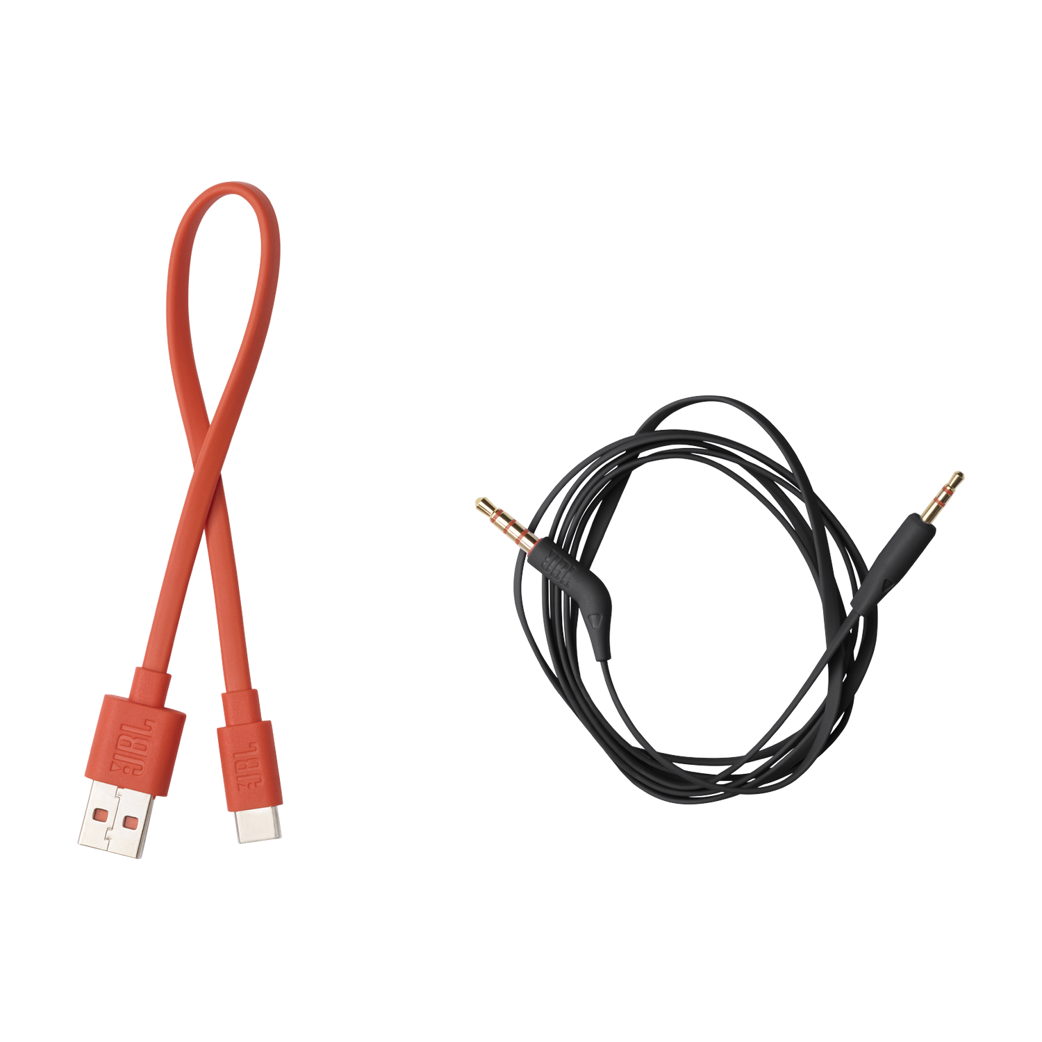 Orange USB-C cable and black audio cable with gold connectors.