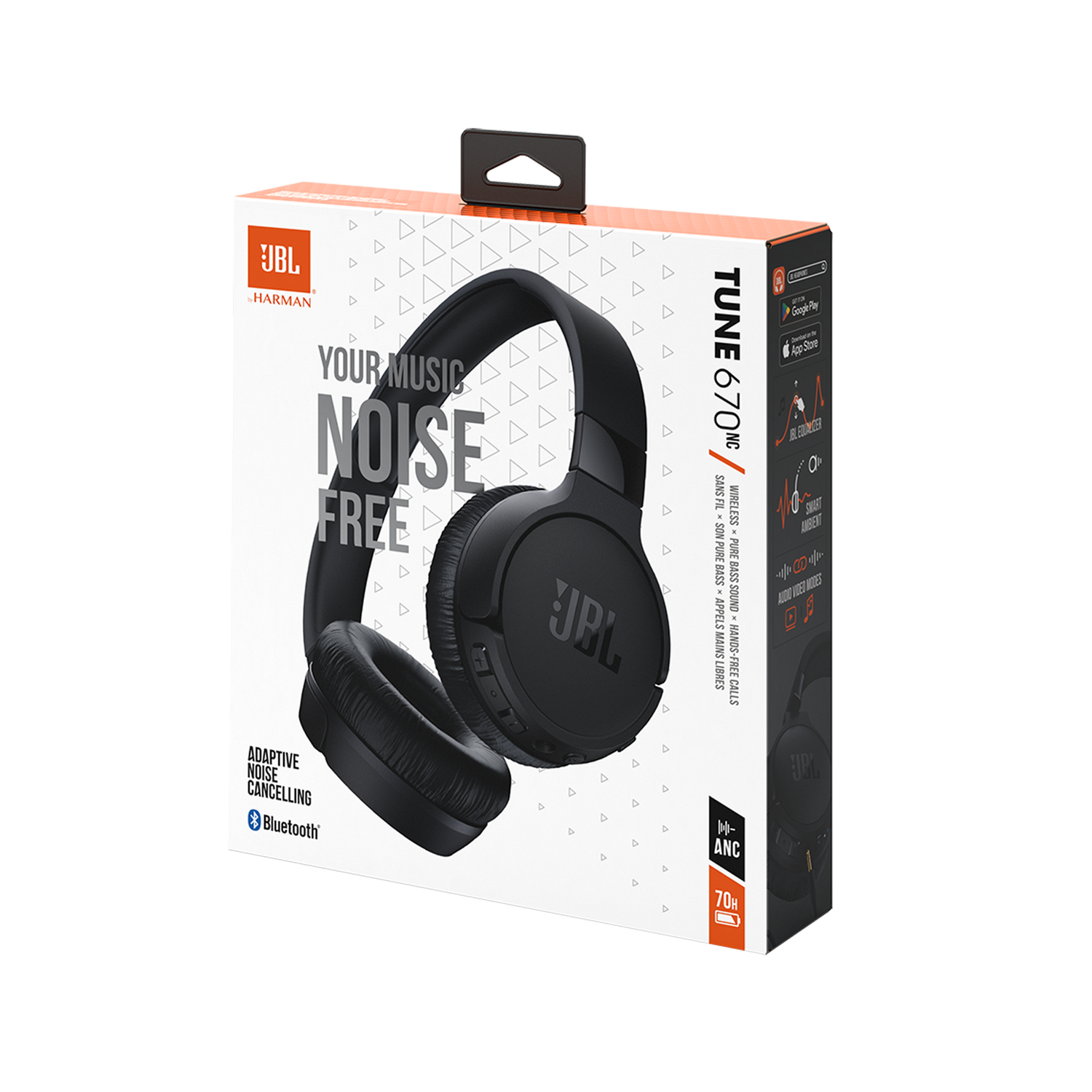 Black headphones box with product information and images. Text in English.