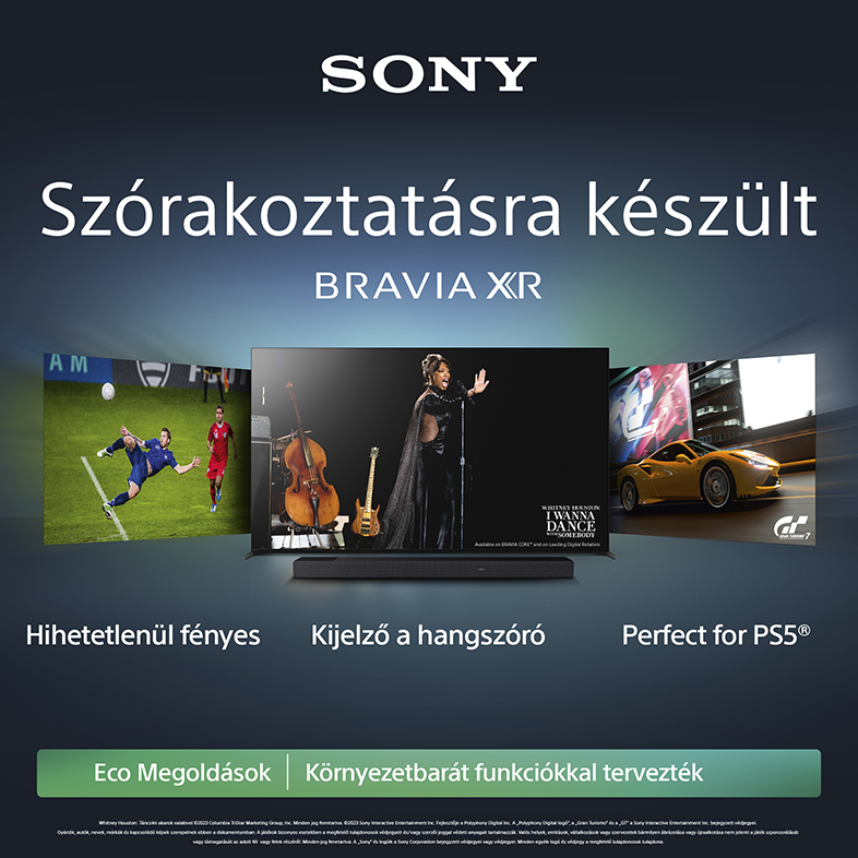 Egy Sony hirdetés, melyen sportot, zenét és egy játékot mutató TV látható. Magyar nyelvű szöveg.