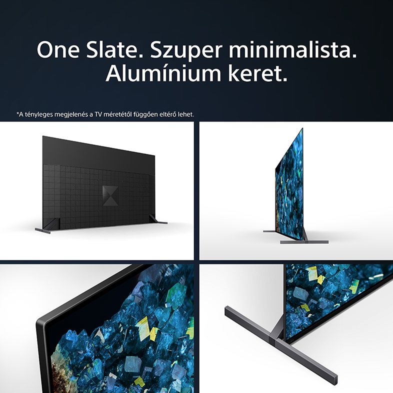 Egy TV-képernyő, amely egy színes kép közelképét mutatja egy modern ezüst állvánnyal.