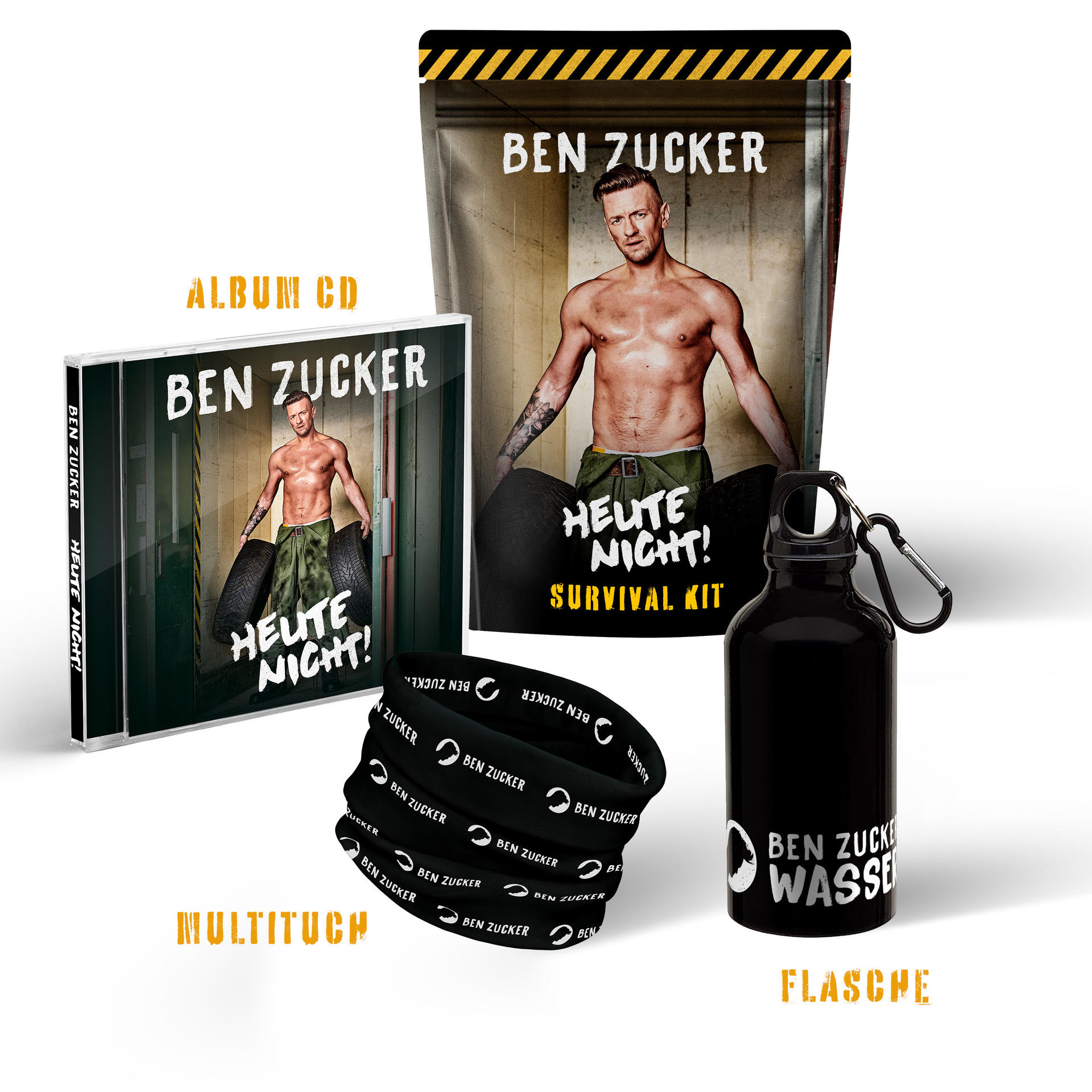 Sammlung von Ben Zucker-Merchandise: CD, Kit, Band und eine Flasche.