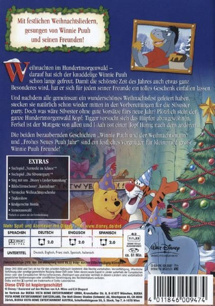 Rückseite einer Winnie-the-Pooh-DVD mit Weihnachtsmotiv, mit Figuren und Text.