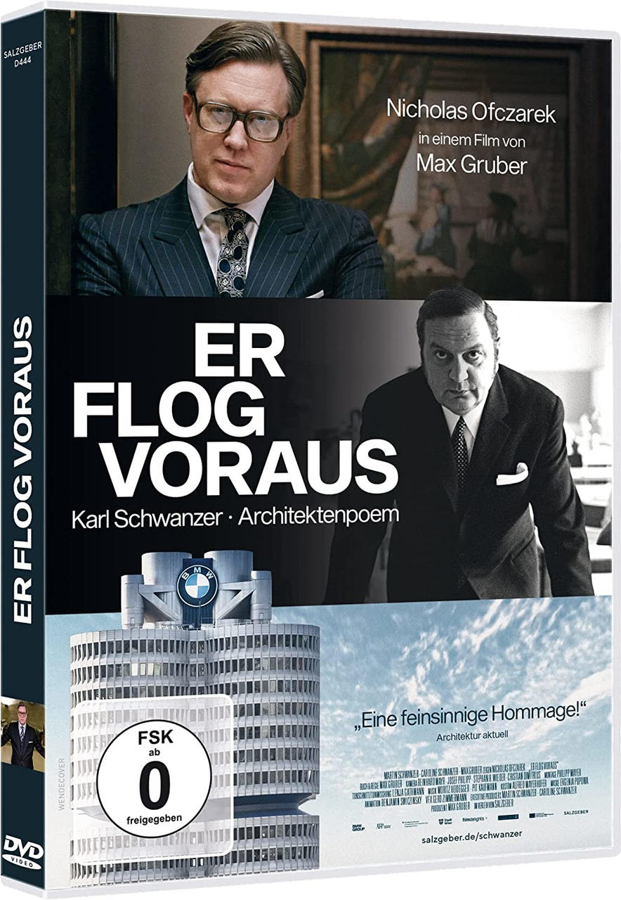 DVD-Cover des Films 'Er Flog Voraus'. Enthält Schauspieler und ein BMW-Gebäude.