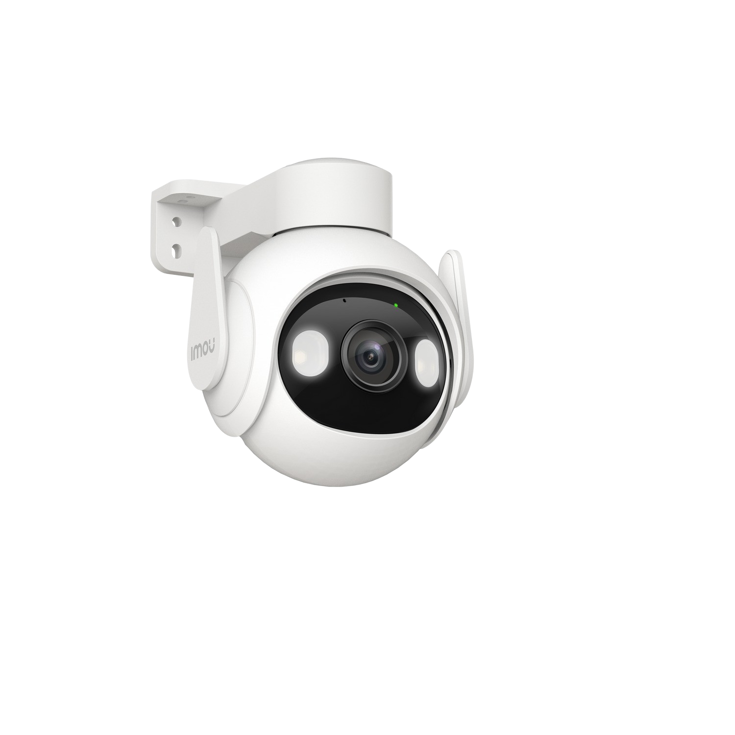 White security camera with a black lens, mounted on a bracket, against a black background.