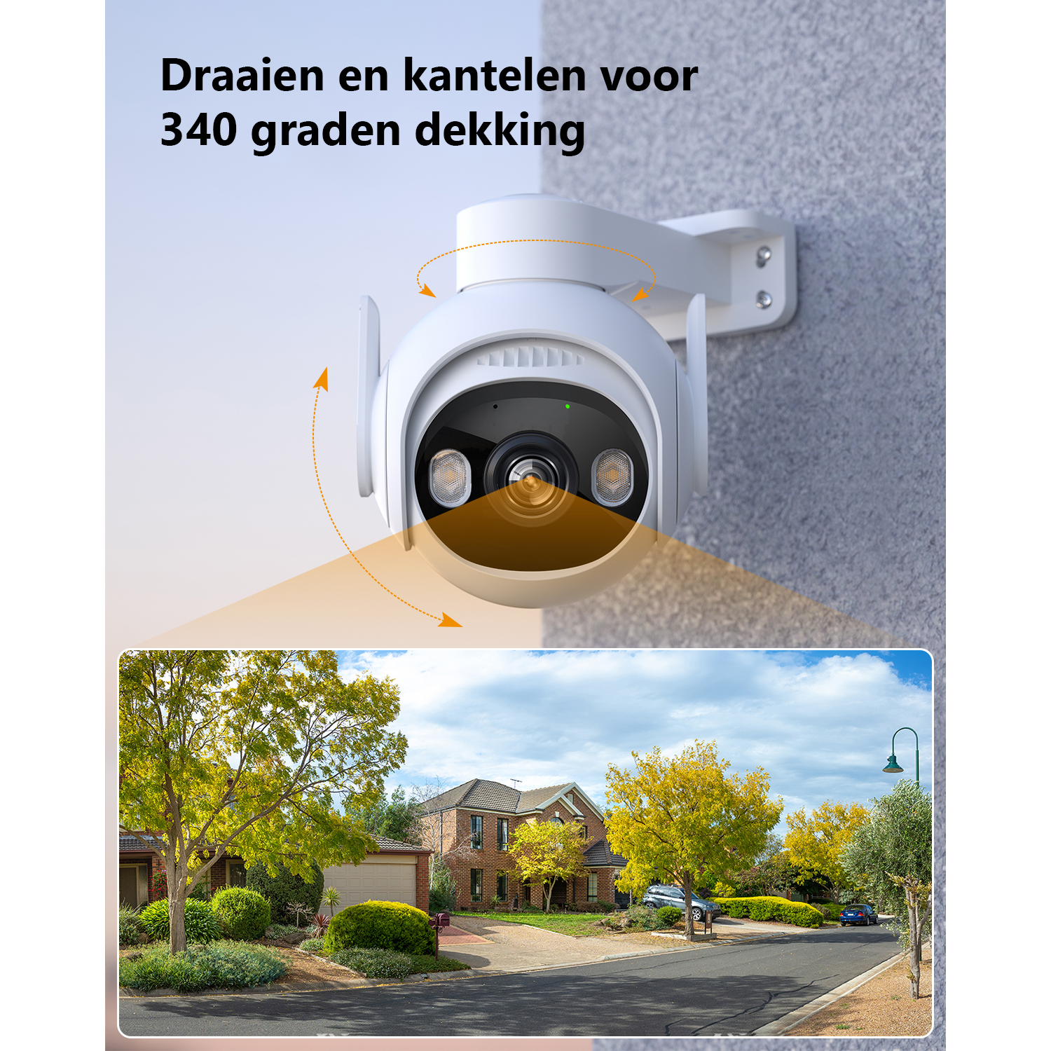 A security camera on a wall, with a view of a street and houses. Text: 340-degree coverage.