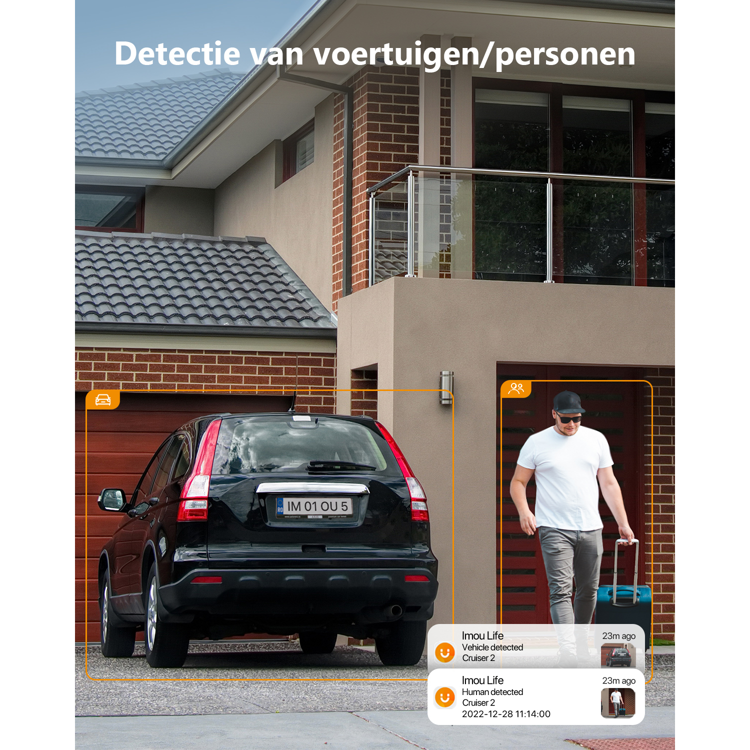 A security camera view shows a car in driveway and a person walking with luggage. Notifications are present.