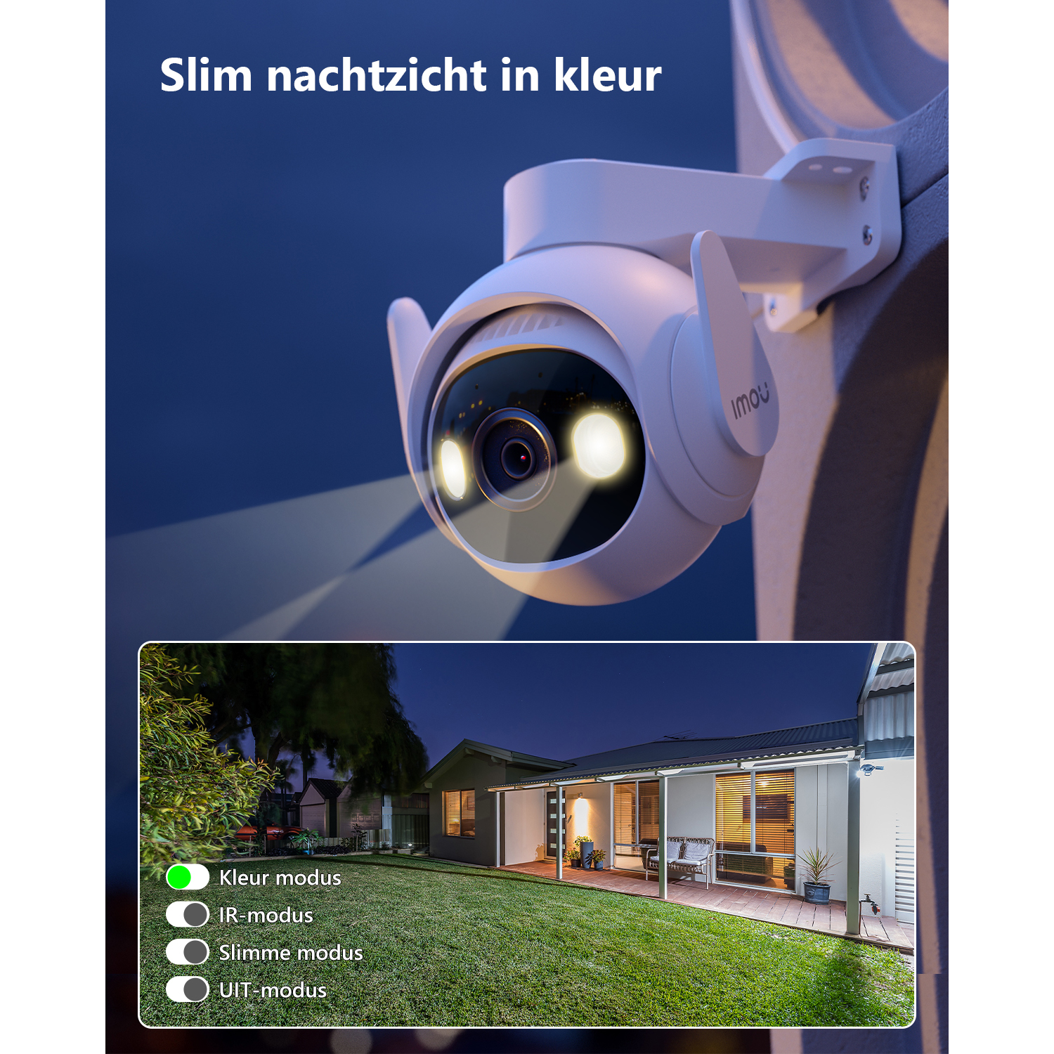 White security camera on a wall. Shows night vision options. Text in Dutch.