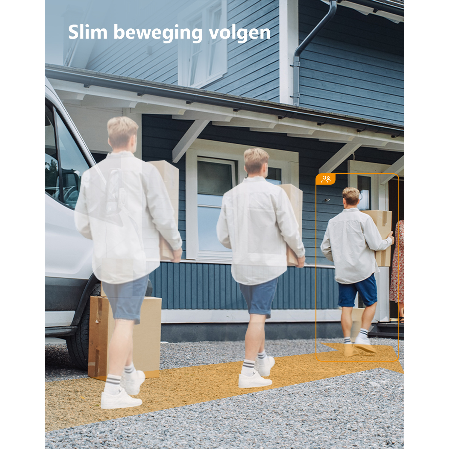 A man with boxes walking towards a house. Followed by the camera, with an orange box around him.