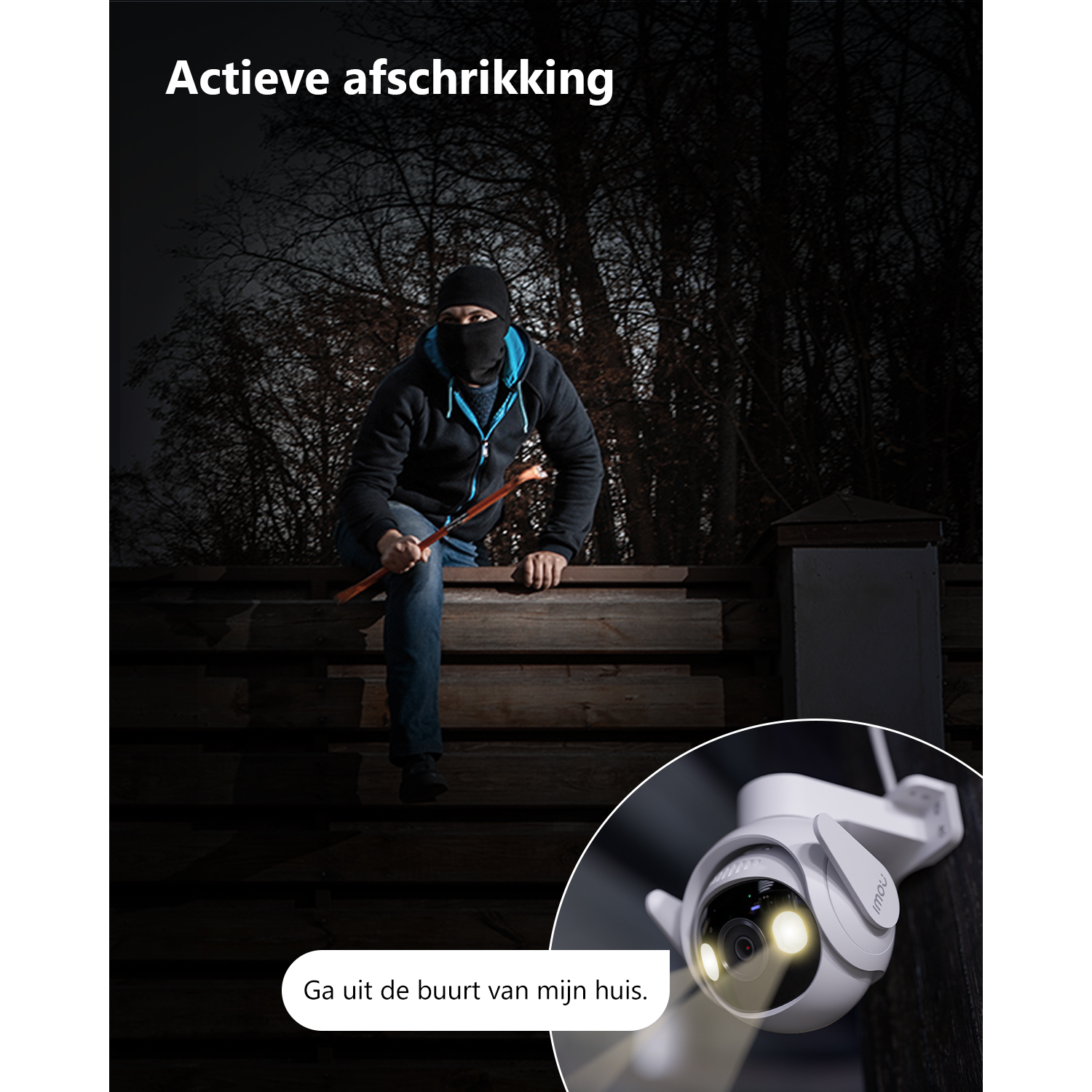 A person with a balaclava and crowbar, near a house with surveillance cameras.