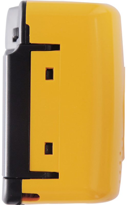 Egy sárga és fekete elektromos eszköz, valószínűleg töltő vagy adapter, oldalról nézve.
