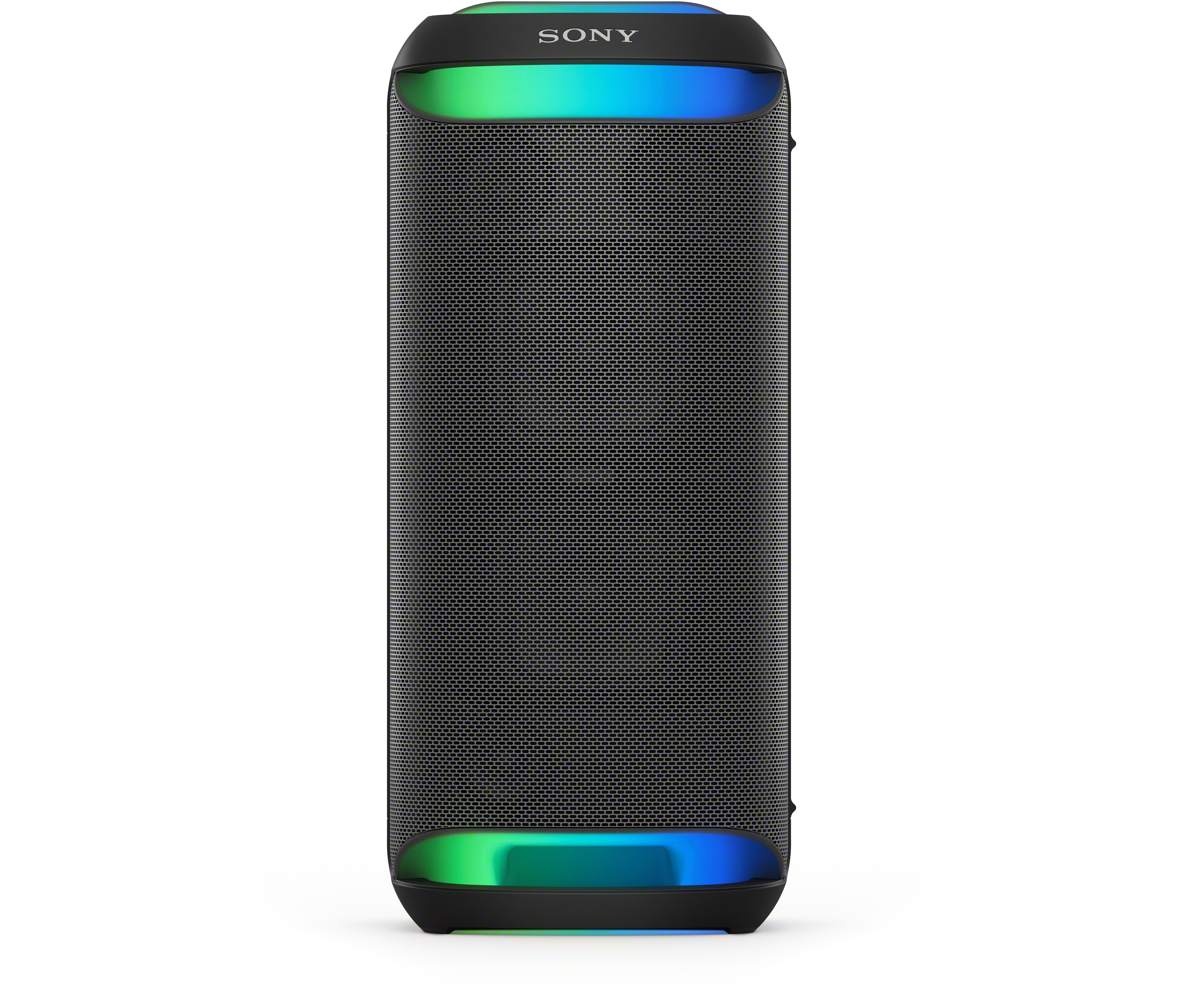 Egy fekete Sony hangszóró, többszínű világítással a szélein.