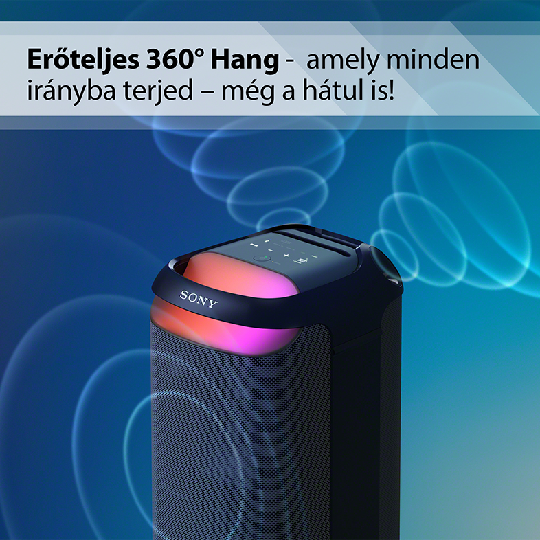 Fekete hangszóró színes tetővel. Magyar szöveg. Kék-fehér háttér.