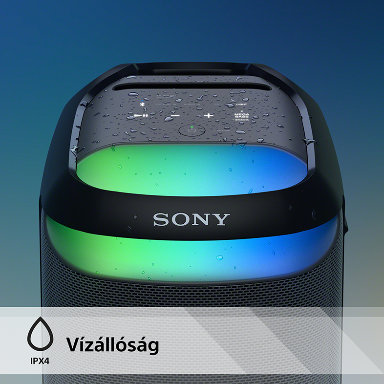Fekete hangszóró színt változtató fényekkel, vízcseppekkel és a Sony logóval.