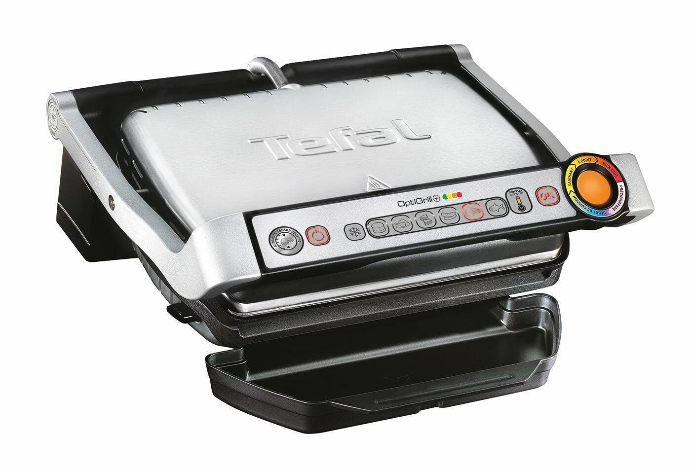 Srebrny Tefal OptiGrill z przyciskami, pokrętłem temperatury i tacką ociekową, na białym tle.