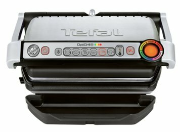 Zbliżenie grilla Tefal OptiGrill z elementami sterującymi i pokrętłem temperatury. Grill jest otwarty.