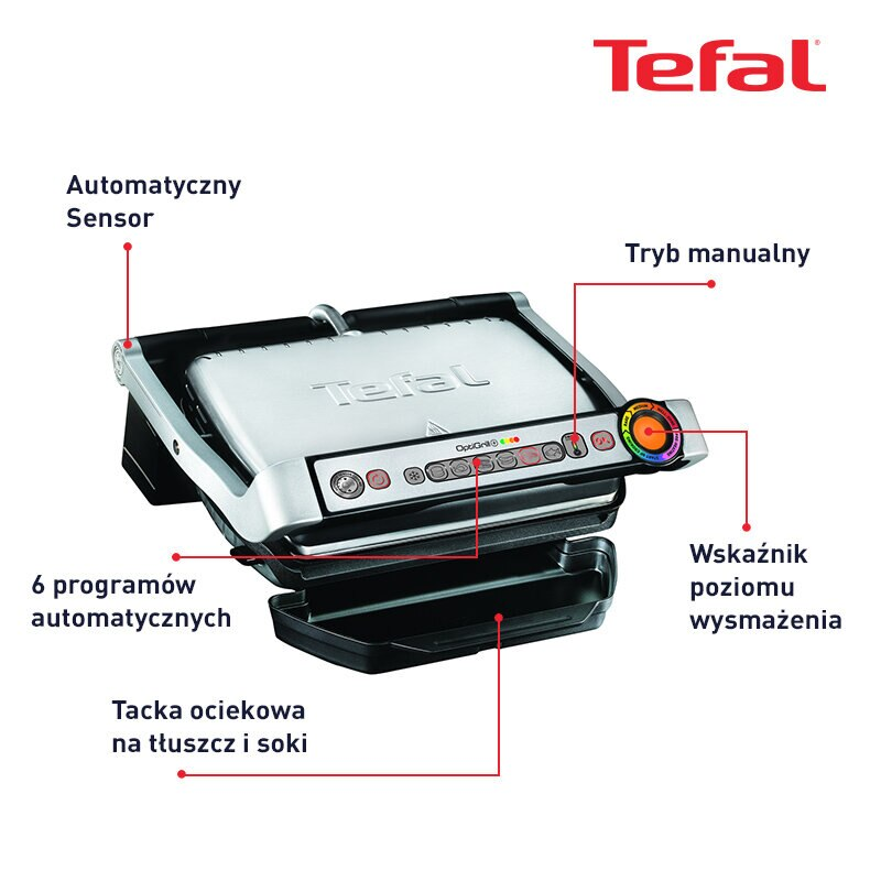 Tefal Optigrill, z opisami w języku polskim, pokazujący różne funkcje.