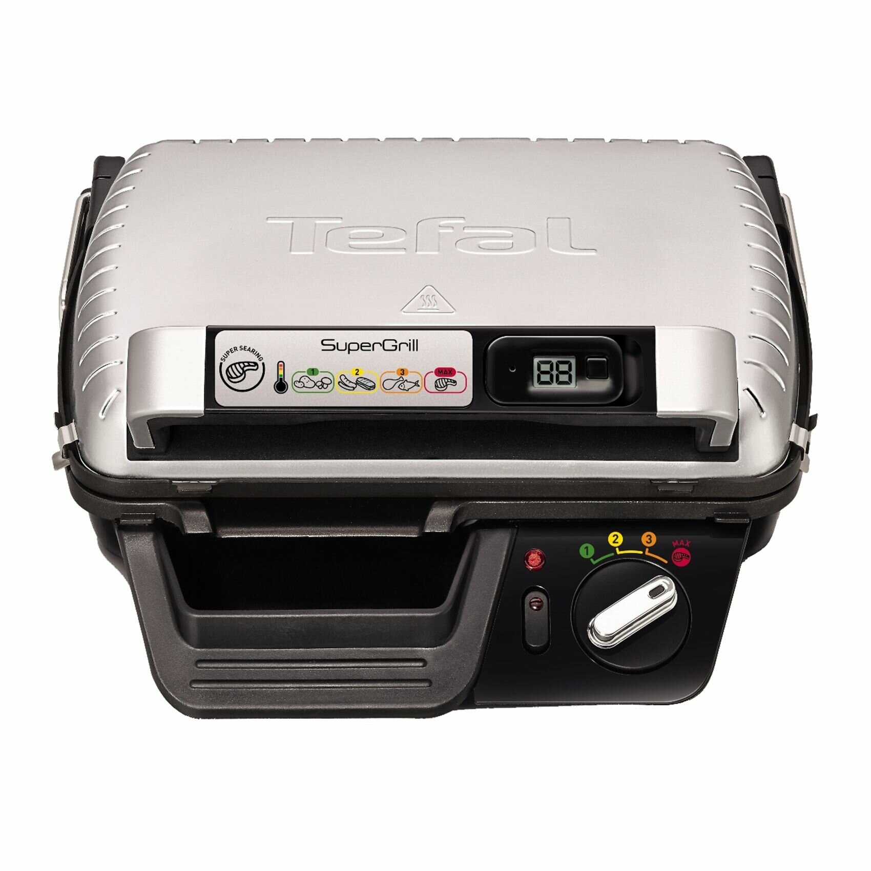 Srebrny Tefal SuperGrill. Widoczne elementy sterujące i wyświetlacz.