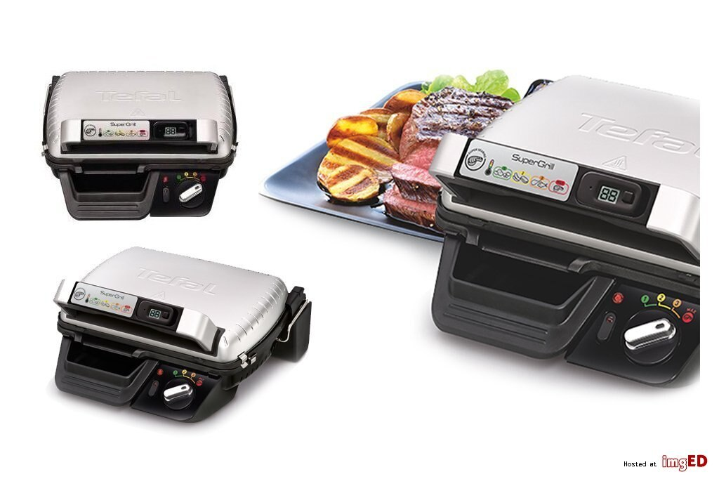 Tefal Supergrill z gotowanym stekiem, ziemniakami i zielonymi liśćmi.