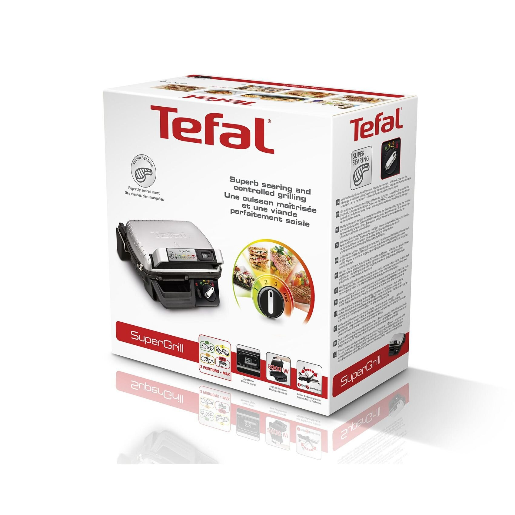 Pudełko Tefal SuperGrill. Pudełko pokazuje grill i zdjęcia jedzenia z tekstem.