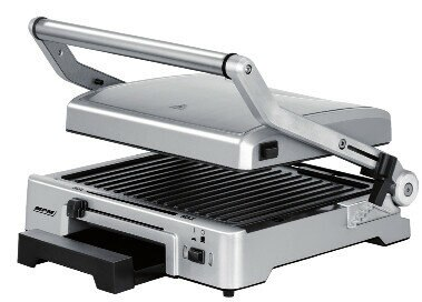 Srebrna prasa do panini, otwarta, z widocznymi płytami grillowymi i elementami.