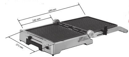 Grill z wymiarami: 480mm, 240mm i 275mm. Otwarty, widoczne obie płyty.