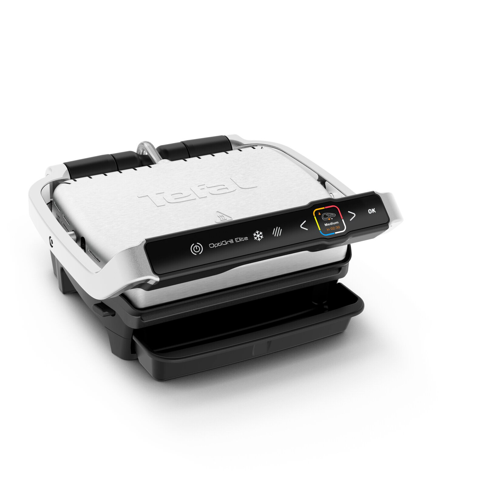 Tefal OptiGrill Elite, zamknięty, na białej powierzchni. Górna część ma wyświetlacz, czarny i srebrny.