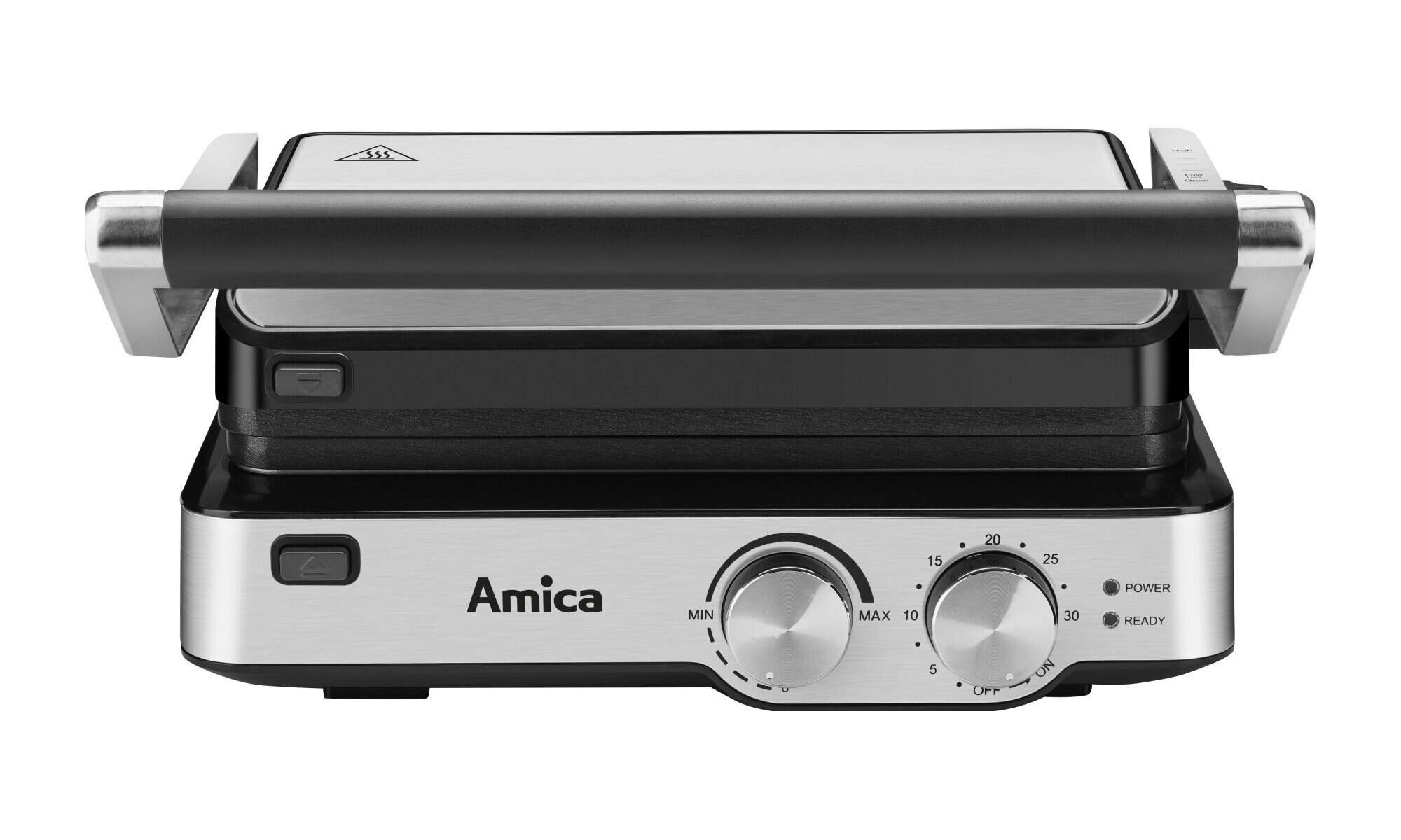 Srebrno-czarny opiekacz do kanapek. Elementy sterujące i uchwyt z przodu. Zdjęcie produktu, białe tło.