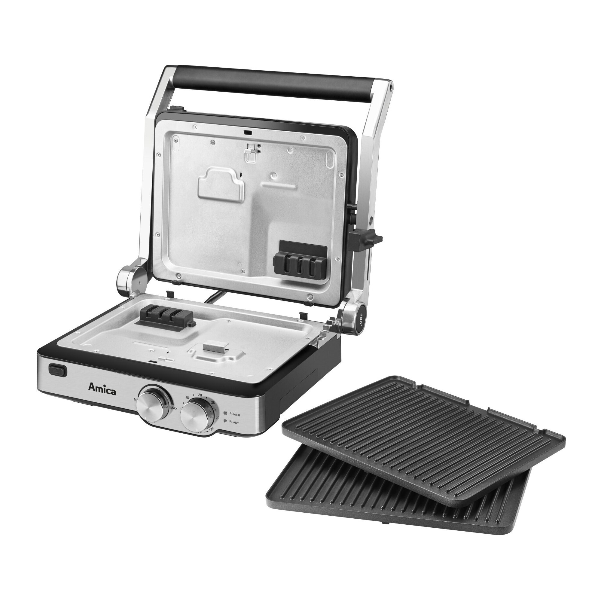Otwarty grill z wyjmowanymi płytami. Srebrny i czarny. Logo Amica widoczne. Izolowany na białym.