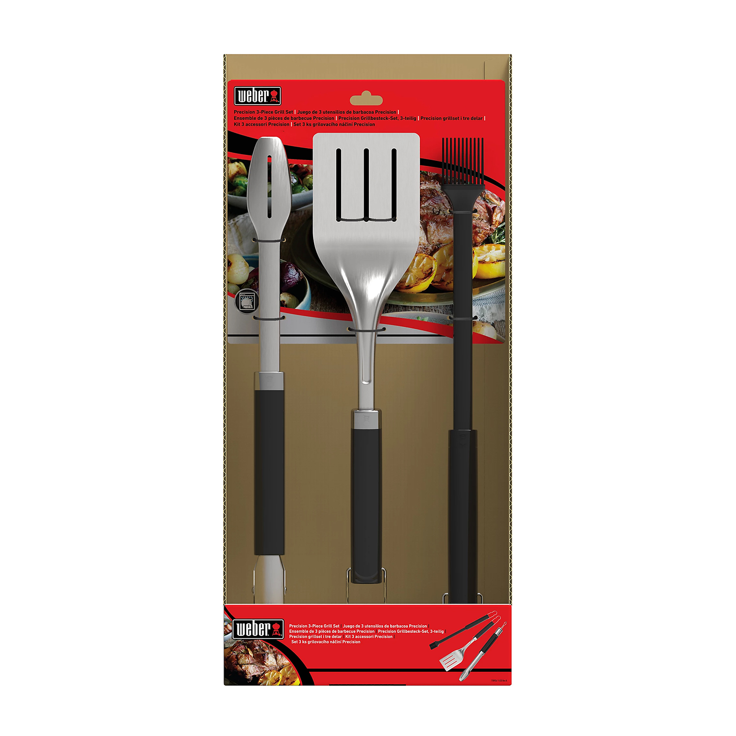 Set di utensili per barbecue Weber, tra cui pinze, spatola e pennello.