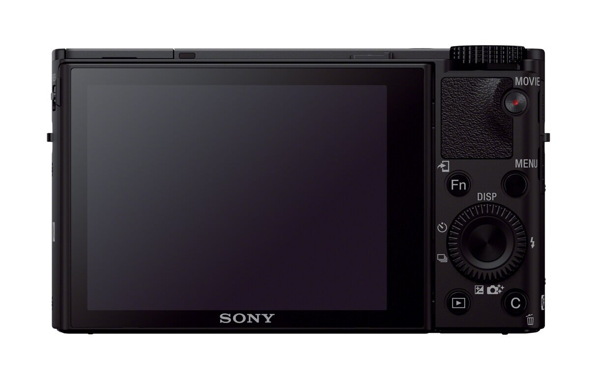 Czarny aparat Sony, widok z tyłu, z ekranem i przyciskami sterowania.