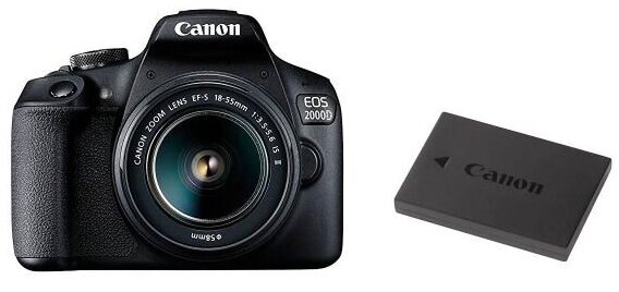 Czarny aparat Canon i bateria. Aparat ma obiektyw i logo Canon.