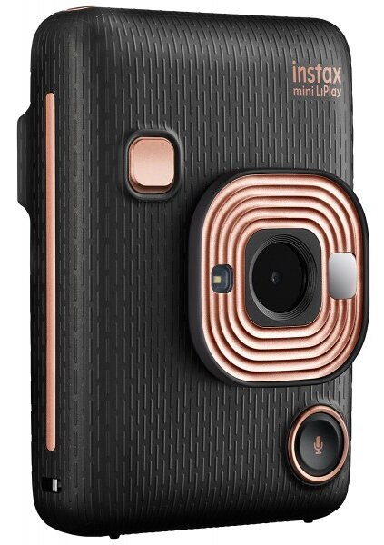 Czarny aparat Instax Mini LiPlay ze złotym pierścieniem wokół obiektywu.