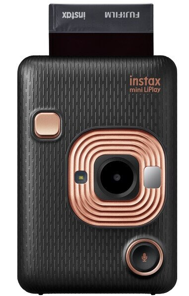 Czarny aparat Instax Mini LiPlay z miedzianym pierścieniem.