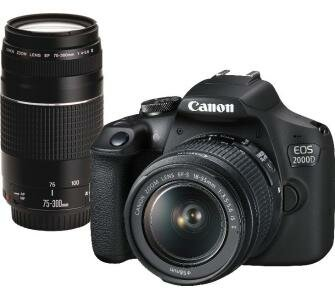 Czarny aparat Canon z obiektywem. Obiektyw jest duży i czarny.