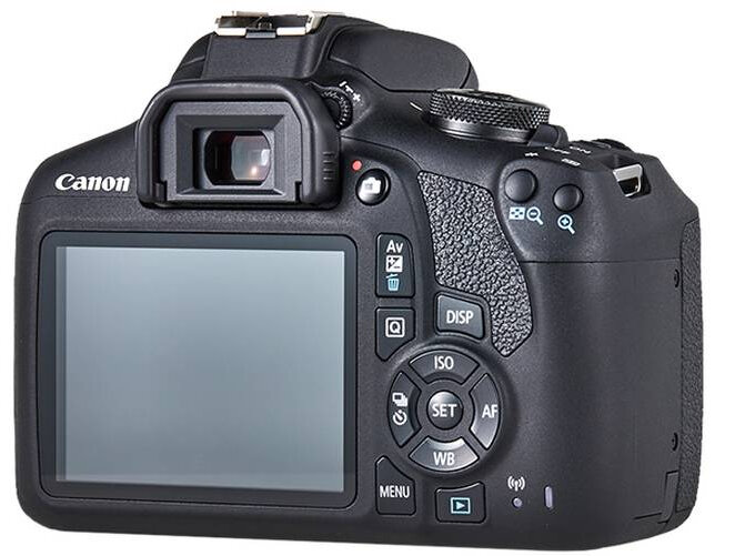 Widok z tyłu aparatu Canon z ekranem i przyciskami, na białym tle.