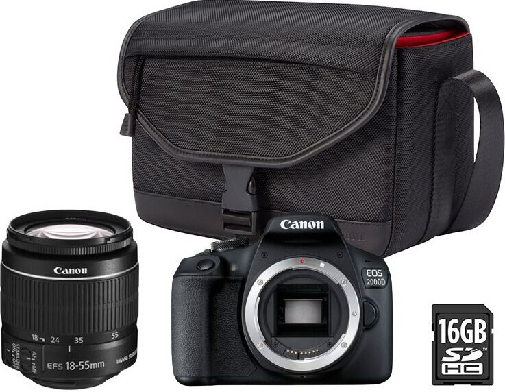 Aparat Canon z obiektywem, torbą i kartą SD na białej powierzchni.