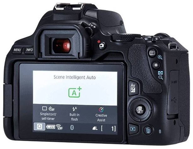 Czarny aparat Canon DSLR, widok z tyłu, z ekranem LCD wyświetlającym ustawienia.