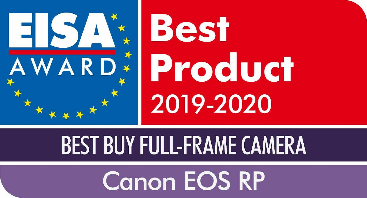 Nagroda EISA dla 'Najlepszego produktu 2019-2020'. Tekst głosi 'Best Buy Full-Frame Camera' i 'Canon EOS RP'.