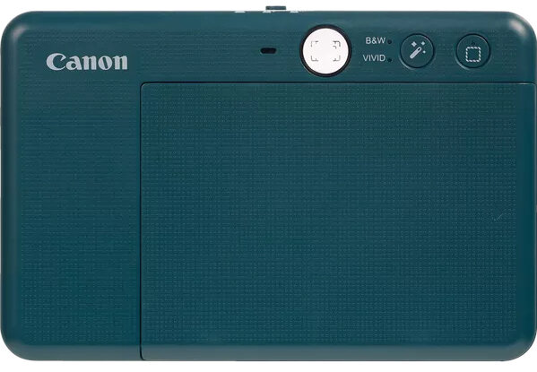 Widok z góry na turkusowy aparat Canon z przyciskami i logo Canon.