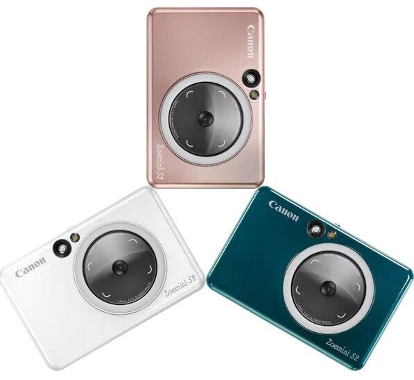 Trzy aparaty Canon Zoemini S2: różowy, biały i turkusowy. Każdy ma obiektyw i lampę błyskową.