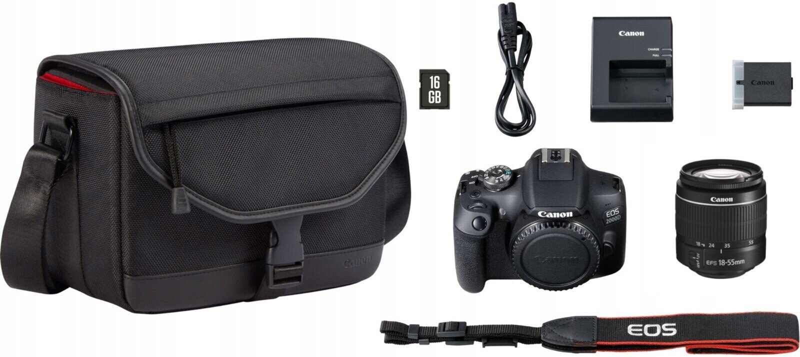 Lustrzanka cyfrowa CANON EOS 2000D + 18-55mm DC III + torba SB130 + karta pamięci 16GB + katalog użytkownika APS-C